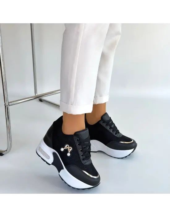 Wody Siyah Cilt Simli Bağcıklı Spor Ayakkabı