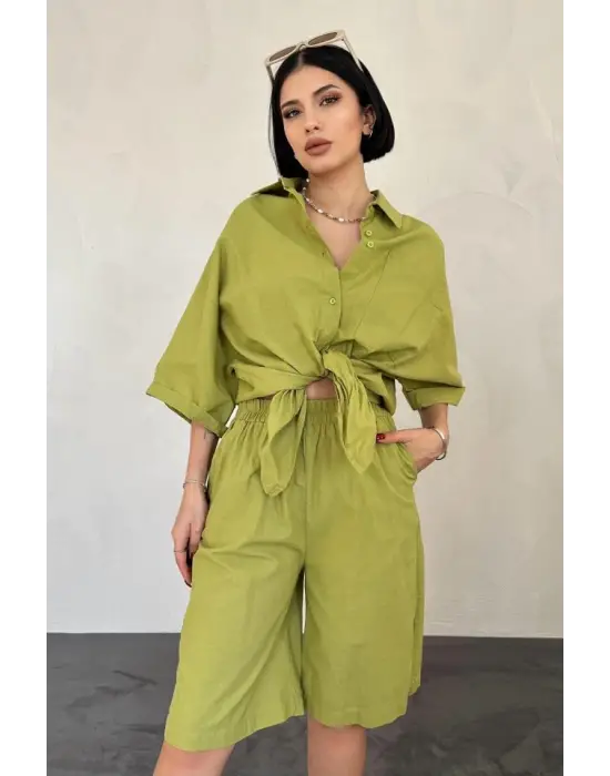 Yağ Yeşili Kısa Kollu Keten Gömlek Ve Şort Takım