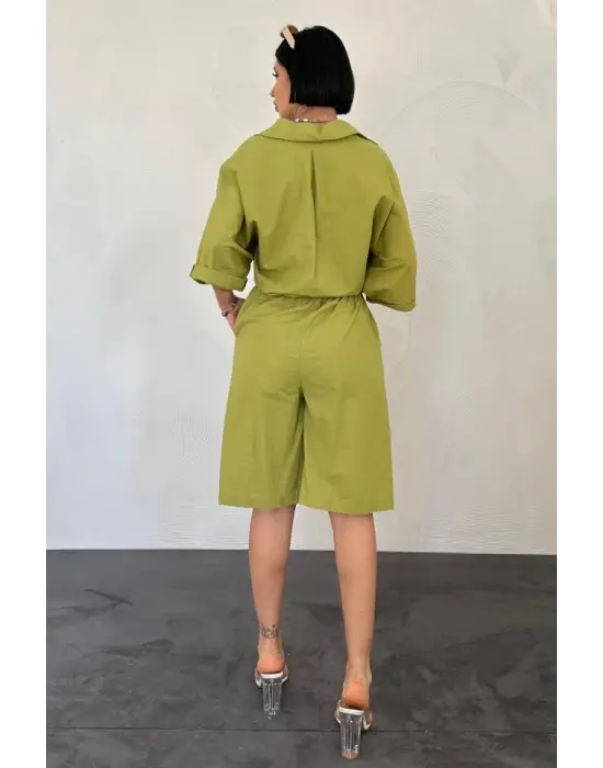 Yağ Yeşili Kısa Kollu Keten Gömlek Ve Şort Takım