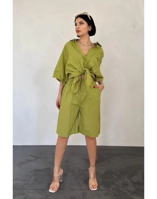 Yağ Yeşili Kısa Kollu Keten Gömlek Ve Şort Takım