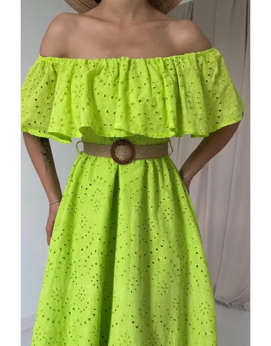 Yağ Yeşili Omzu Lastikli Brode Elbise