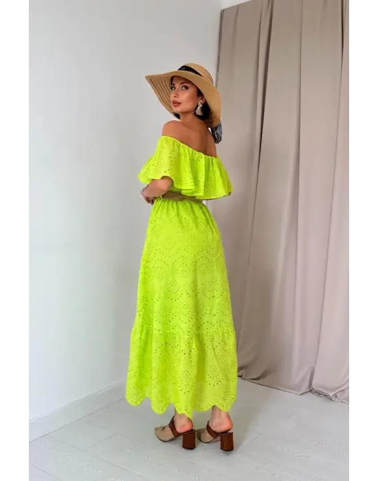 Yağ Yeşili Omzu Lastikli Brode Elbise