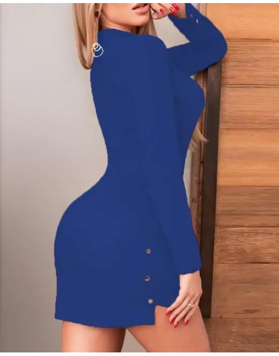 Omarı Zarif Kadın Mini Boy Elbise - Krep, Polo Yaka, Çıtçıtlı Düğme Detaylı