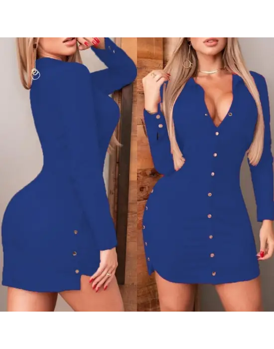 Omarı Zarif Kadın Mini Boy Elbise - Krep, Polo Yaka, Çıtçıtlı Düğme Detaylı