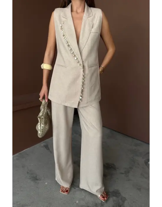 Omarı Yelek ve Pantolon Takımı - Midye Kabuğu Desenli Keten Kumaş - Ham