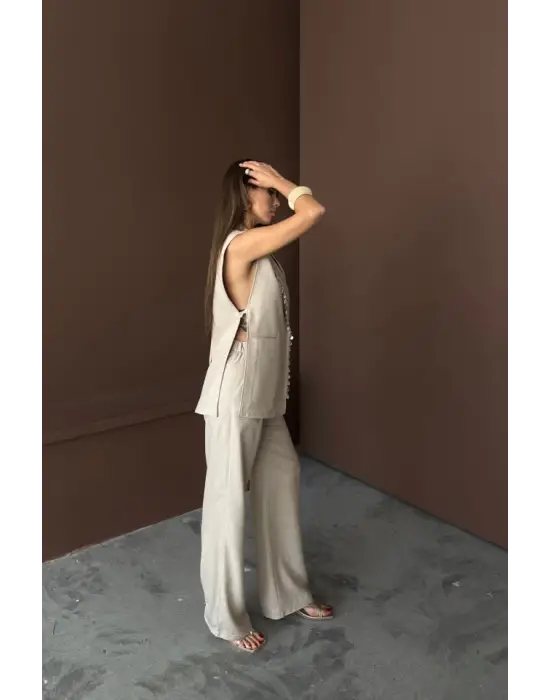 Omarı Yelek ve Pantolon Takımı - Midye Kabuğu Desenli Keten Kumaş - Ham