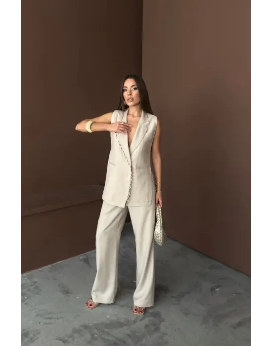 Omarı Yelek ve Pantolon Takımı - Midye Kabuğu Desenli Keten Kumaş - Ham