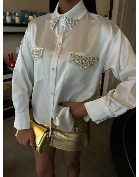 Yaka Ve Cep İnci Taşlı Saten Gömlek 3423