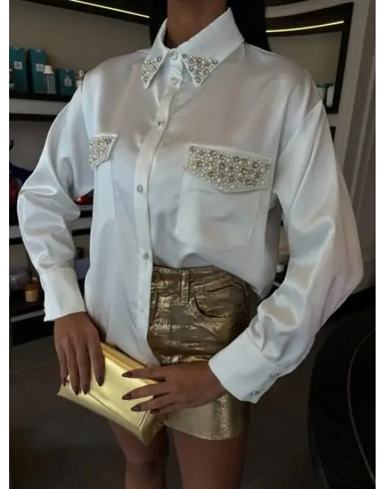 Yaka Ve Cep İnci Taşlı Saten Gömlek 3423