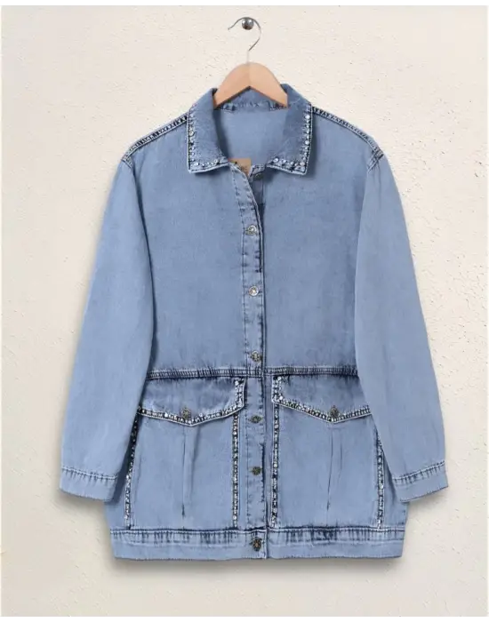 Omarı Taş İşlemeli Kot Ceket - Buz Mavi Trendsetter