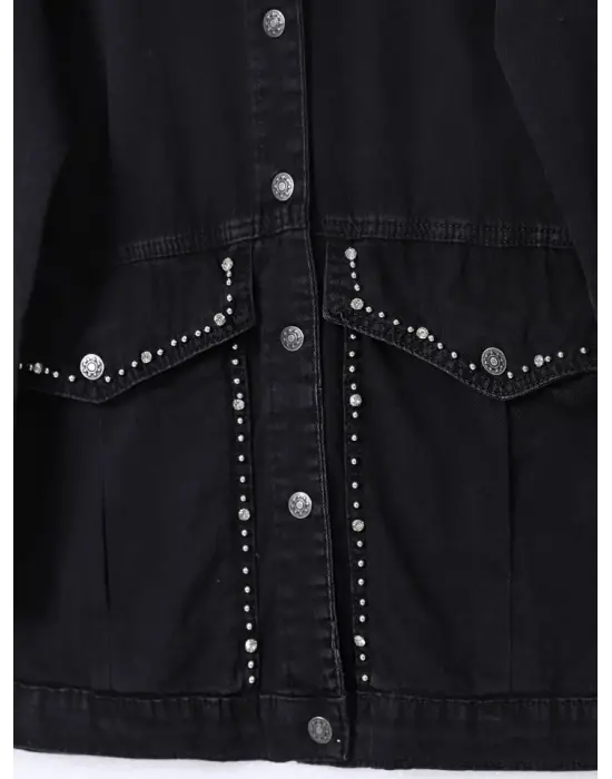 Yaka Ve Ceplerinde Taş İşlemel Kot Ceket -Siyah