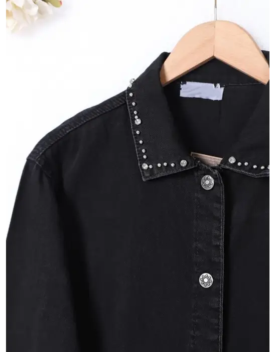 Omarı Taş İşlemeli Siyah Kot Ceket