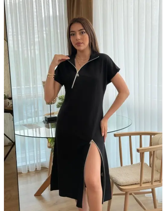 Omarı Etekten Fermuarlı Viskon Midi Elbise