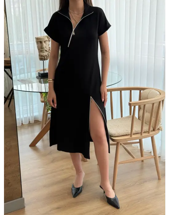 Omarı Etekten Fermuarlı Viskon Midi Elbise