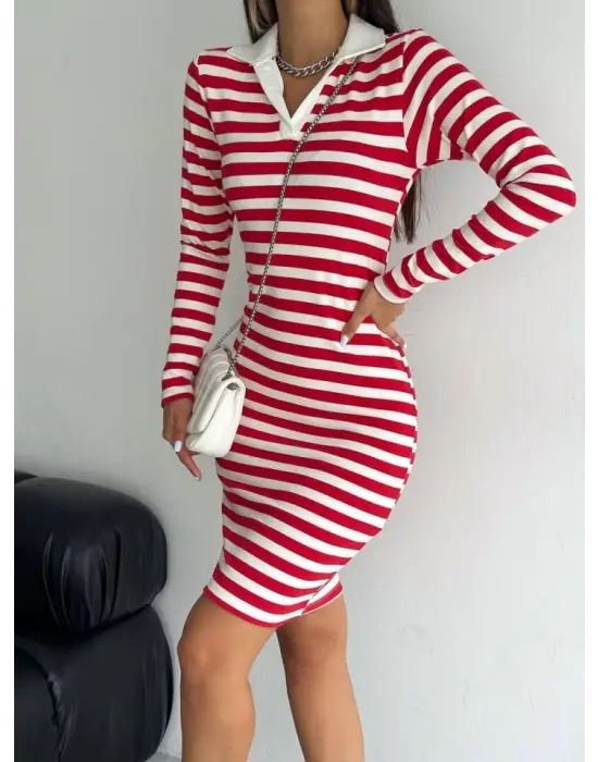 Omarı Şık Çizgili Uzun Kol Elbise - Kırmızı