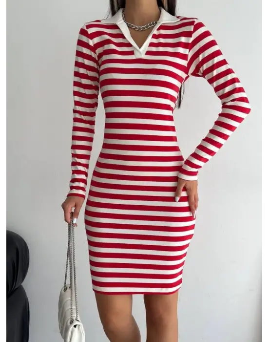 Yakalı Çizgili Uzun Kol Elbise -Kırmızı