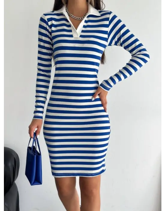 Yakalı Çizgili Uzun Kol Elbise -Mavi