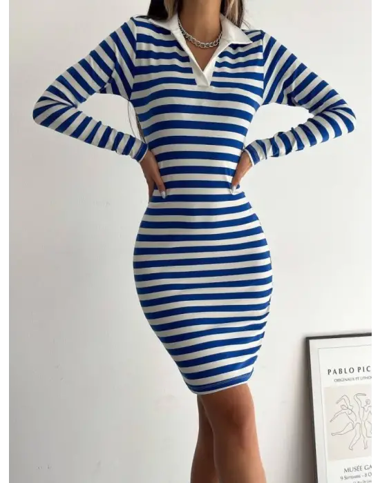 Omarı Çizgili Uzun Kol Elbise -Mavi