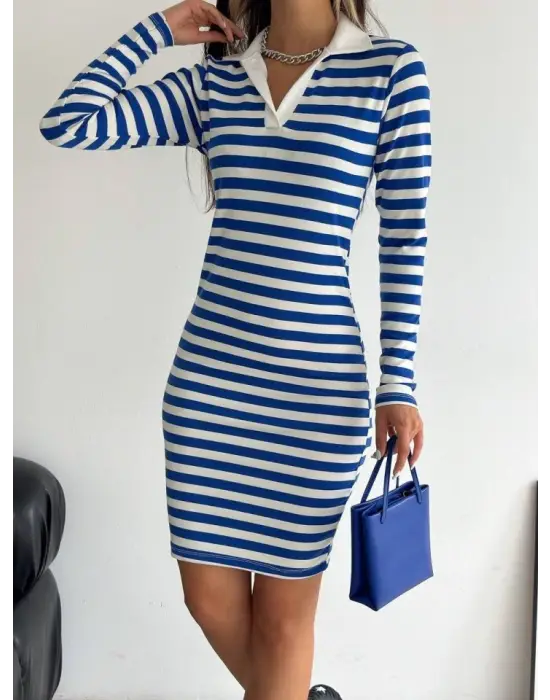 Yakalı Çizgili Uzun Kol Elbise -Mavi