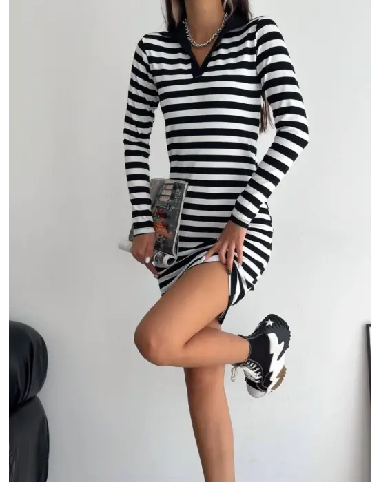 Yakalı Çizgili Uzun Kol Elbise -Siyah