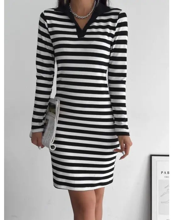 Yakalı Çizgili Uzun Kol Elbise -Siyah