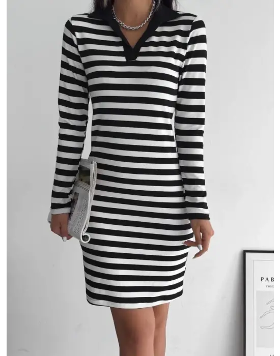 Omarı Şık Yakalı Çizgili Uzun Kol Elbise