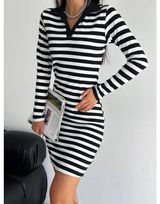 Omarı Şık Yakalı Çizgili Uzun Kol Elbise