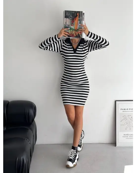 Omarı Şık Yakalı Çizgili Uzun Kol Elbise