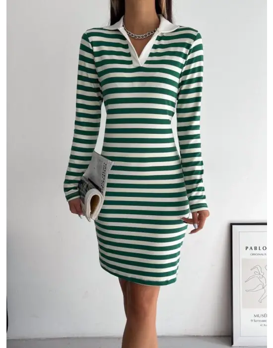 Omarı Çizgili Yakalı Uzun Kol Elbise - Yeşil Renkli