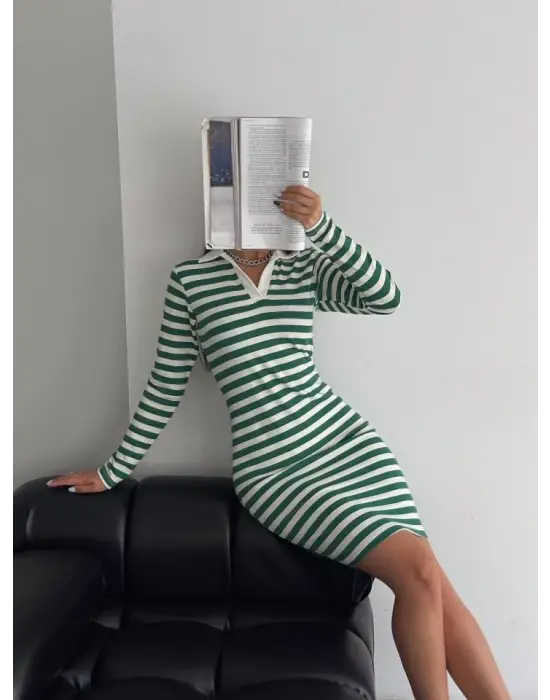 Yakalı Çizgili Uzun Kol Elbise -Yeşil