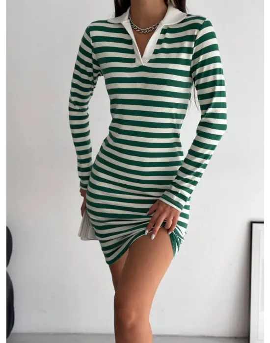 Yakalı Çizgili Uzun Kol Elbise -Yeşil