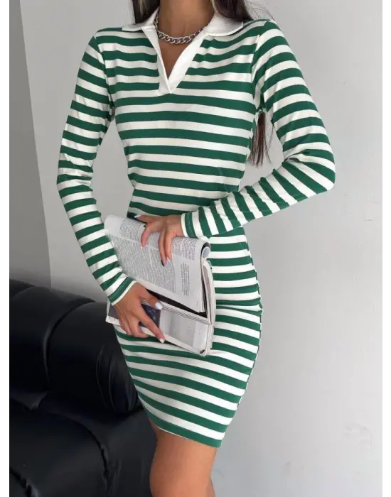 Omarı Çizgili Yakalı Uzun Kol Elbise - Yeşil Renkli