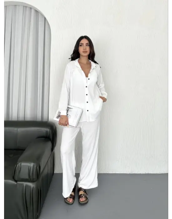Yakalı Düğmeli Uzun Kollu Gömlek Pantolon Ikili Takım - Beyaz
