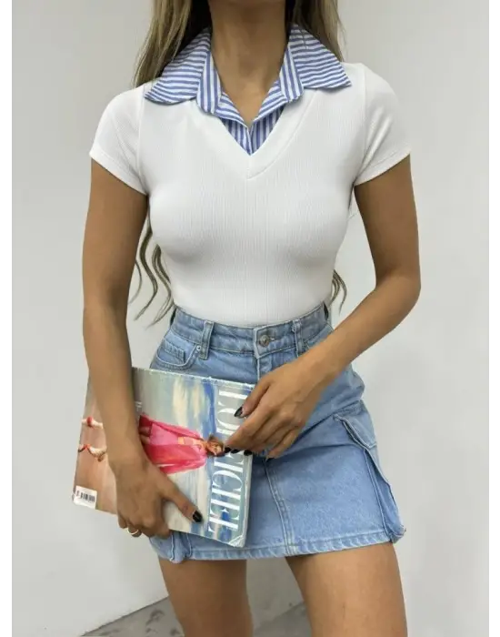 Yakalı Ottoman Yakalı Bluz  -Beyaz