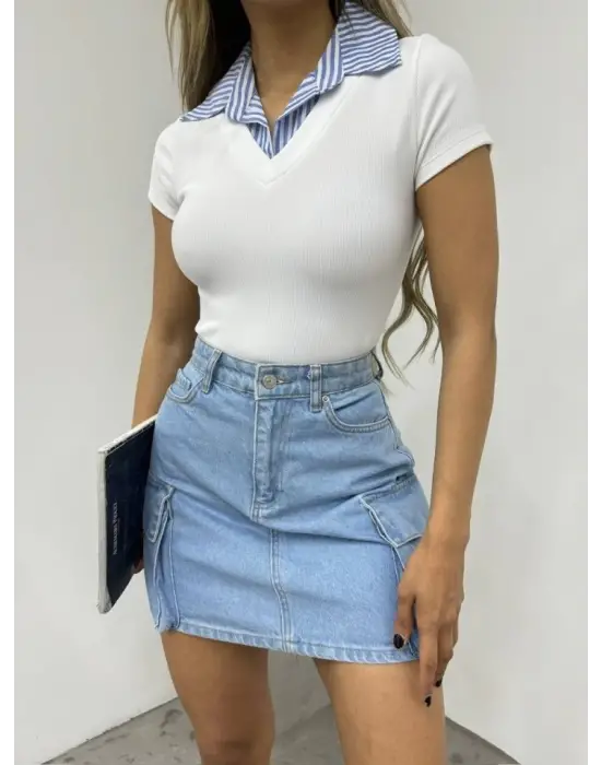 Omarı Modern Yakalı Beyaz Bluz