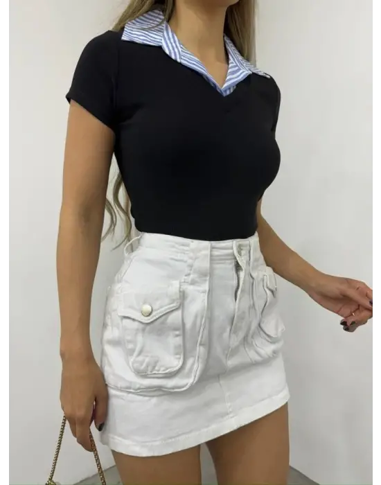 Yakalı Ottoman Yakalı Bluz -Siyah