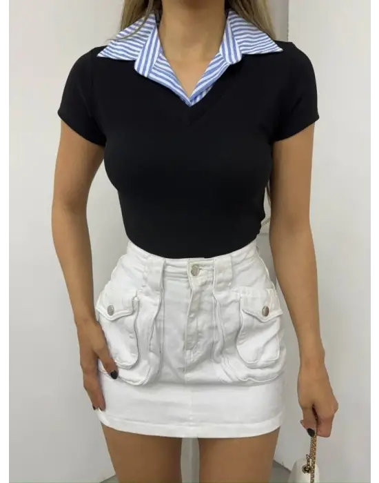 Omarı Siyah Ottoman Yakalı Bluz