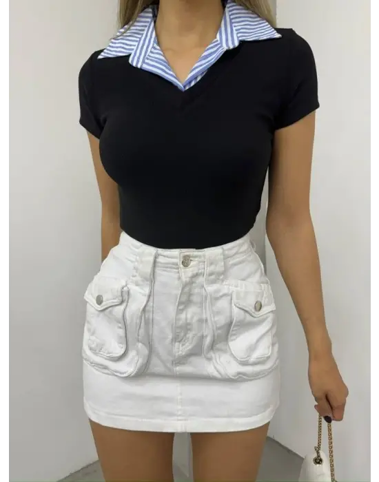 Yakalı Ottoman Yakalı Bluz -Siyah