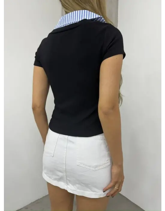 Yakalı Ottoman Yakalı Bluz -Siyah