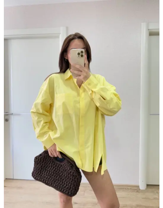 Yakalı Yandan Yırtmaçlı Gömlek - Sarı