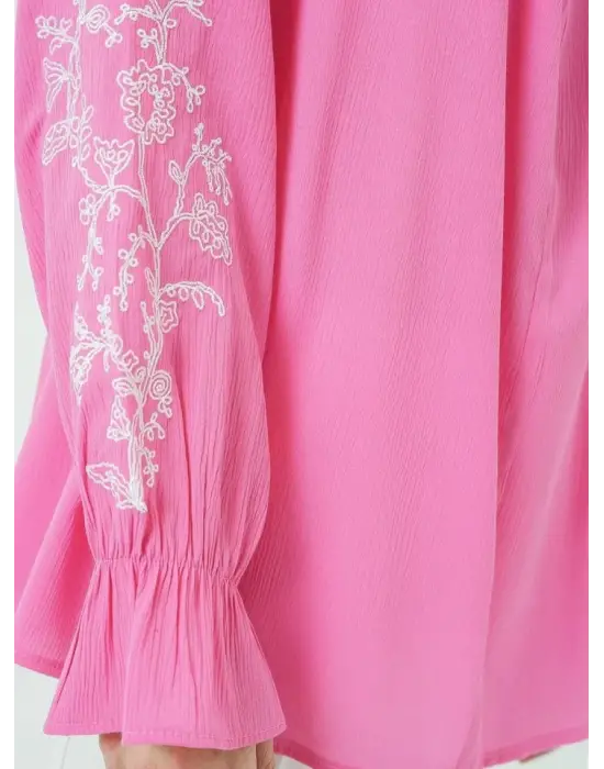 Omarı Nakışlı Lastikli Gömlek - Pembe