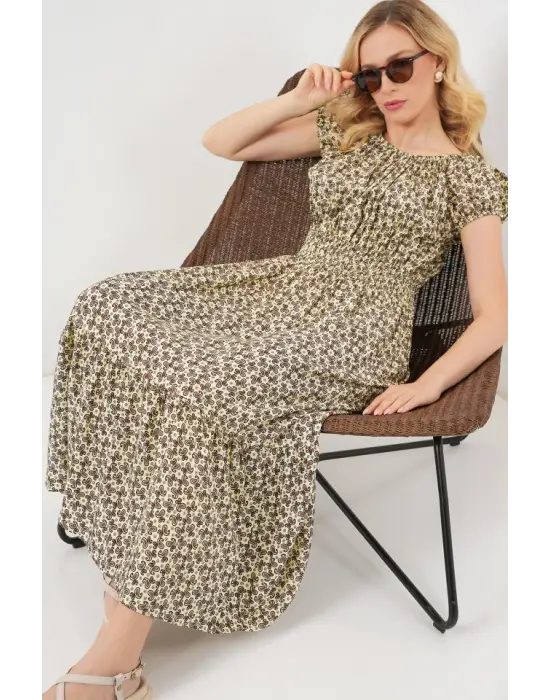 Yakası Büzgü Detaylı Elbise 2544 - Yağ Yeşil