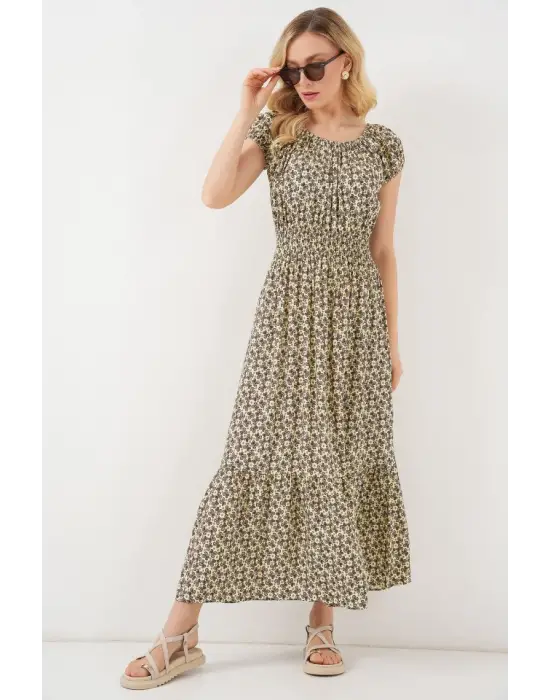 Yakası Büzgü Detaylı Elbise 2544 - Yağ Yeşil