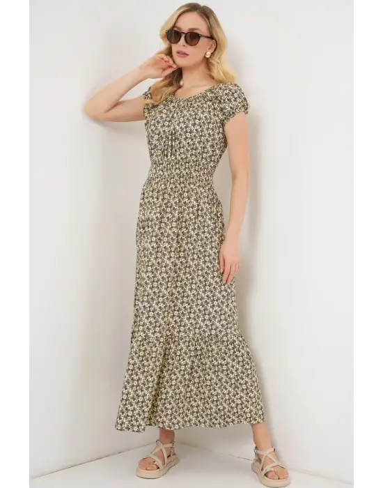 Yakası Büzgü Detaylı Elbise 2544 - Yağ Yeşil