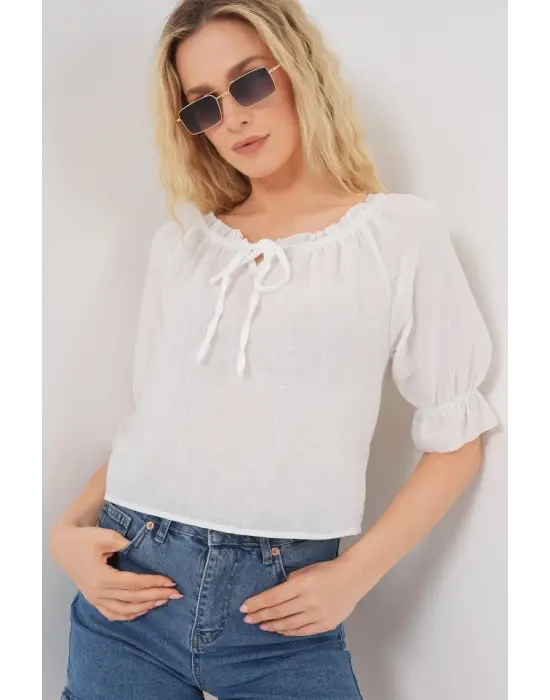 Yakası Fırfır Detaylı Bluz 959 - Beyaz