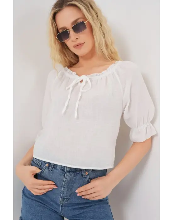 Yakası Fırfır Detaylı Bluz 959 - Beyaz