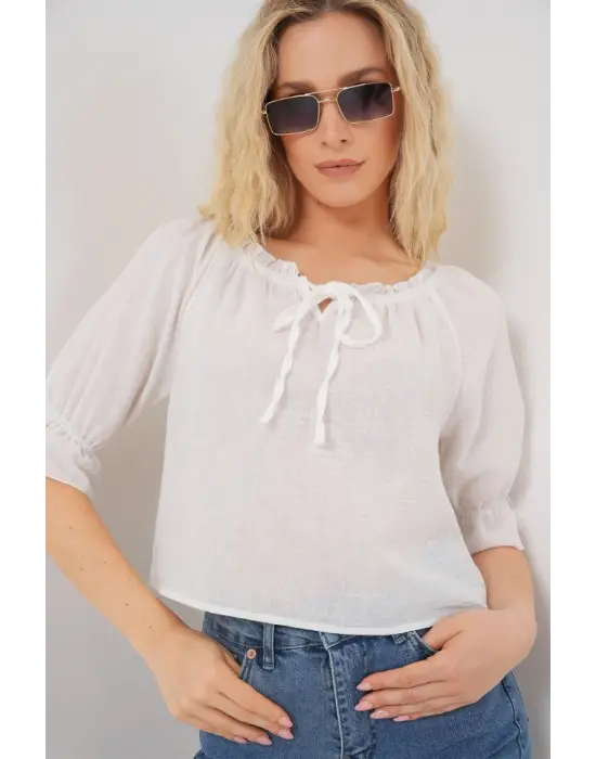 Yakası Fırfır Detaylı Bluz 959 - Beyaz