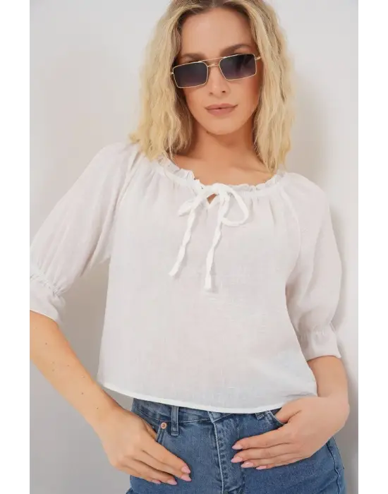 Yakası Fırfır Detaylı Bluz 959 - Beyaz