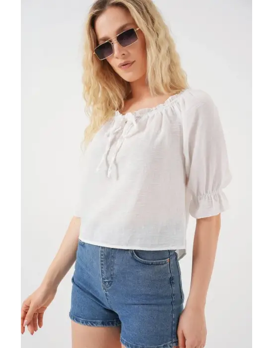 Yakası Fırfır Detaylı Bluz 959 - Beyaz