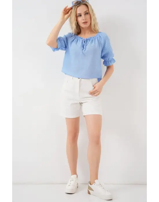 Yakası Fırfır Detaylı Bluz 959 - Mavi